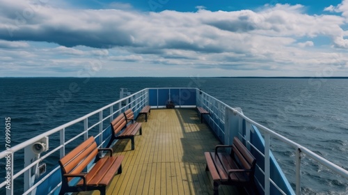 Modern ferry ship, empty deck, passenger seats. Muhu strait, Estonia. © MUCHIB
