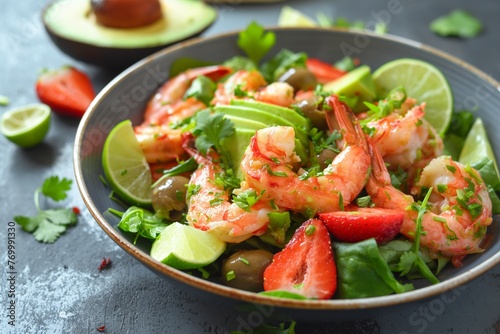 Fresh summer salad with shrimps closeup, fresh vegetables with shrimps, fresh and healthy foods, shrimps and vegetables closeup, shrimps salad closeup, healthy food closeup, organic food, fresh food