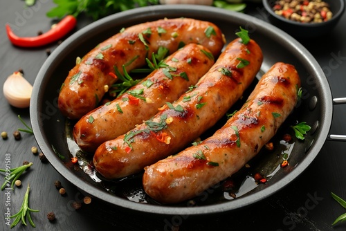 Fried sausages with garlic and herbs in a pan, fried sausages in a pan closeup, sausages closeup in the pan, sausages closeup