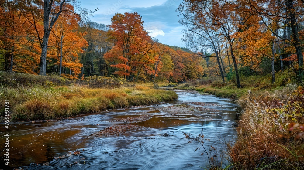 HDR capture of a river meandering through a vibrant autumn landscape, with the colors of fall reflected in the water.