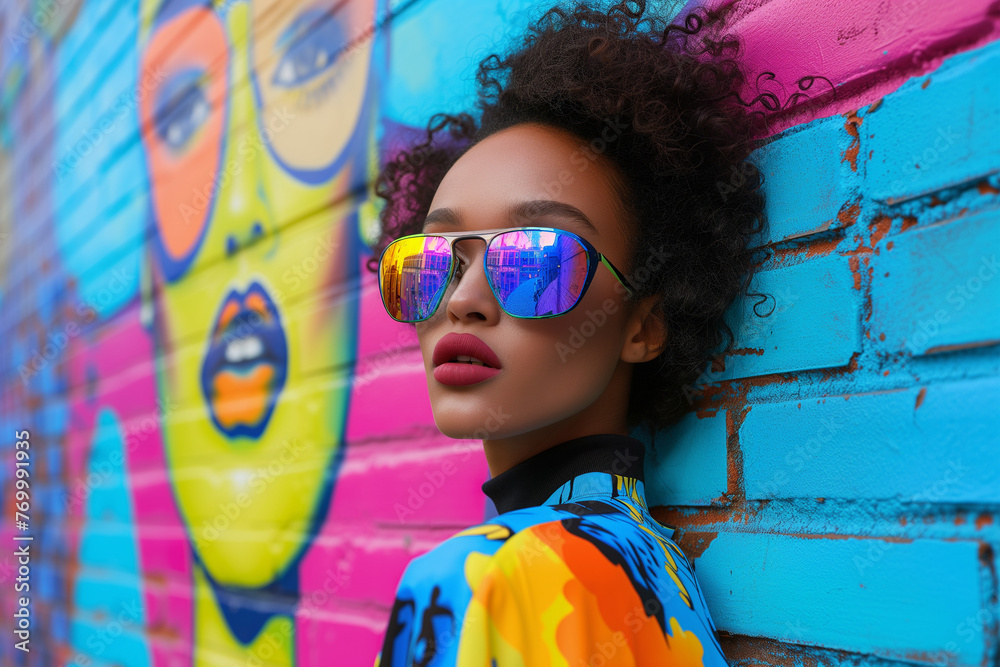 A young woman in sunglasses looks into the frame against a bright wall. A young woman in sunglasses looks into the frame against a bright wall.