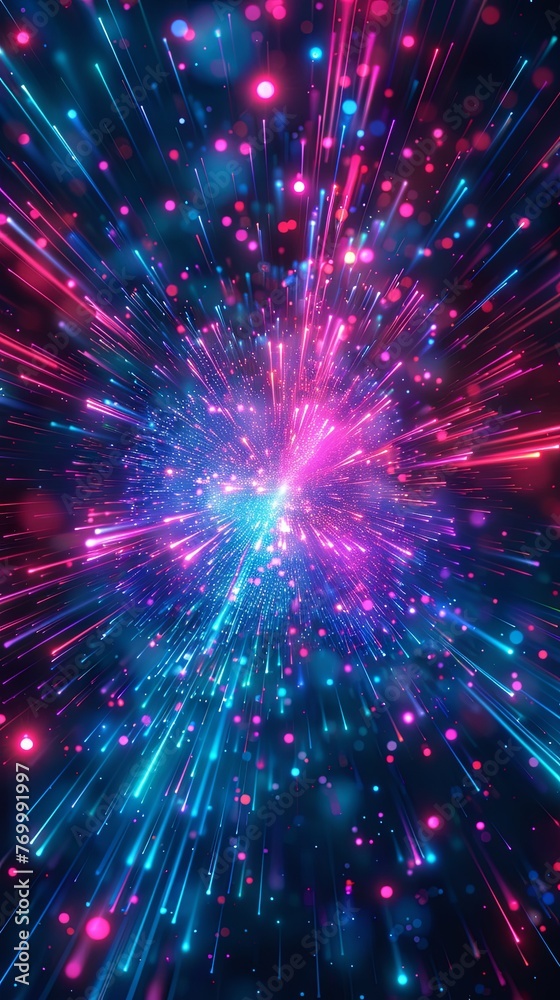 Fototapeta premium Dynamic abstract illustration of a neon light explosion with vibrant pink and blue hues against a dark space background.