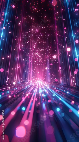 Dynamic abstract illustration of a neon light explosion with vibrant pink and blue hues against a dark space background.