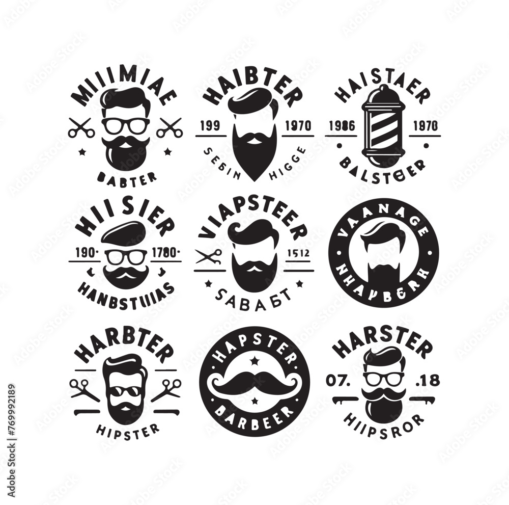 Hipster barber shop vintage logo, badge. Beard, scissors, razor. Curly Beard mustache vector illustration