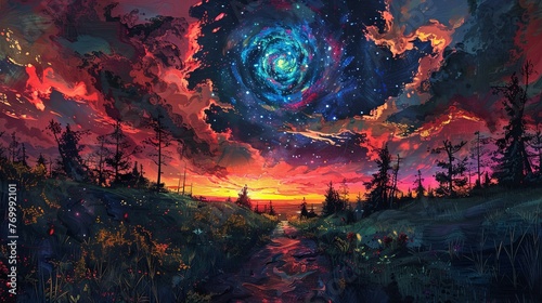 A surreal painting depicting a pathway leading to a sun on the horizon under a star-filled cosmic sky.