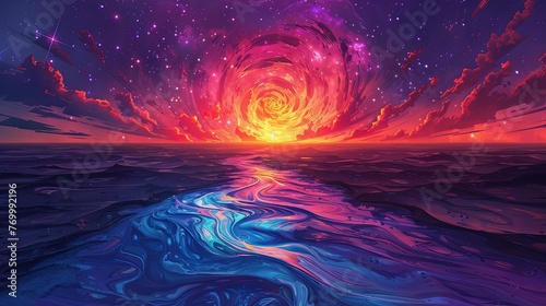 A surreal painting depicting a pathway leading to a sun on the horizon under a star-filled cosmic sky. photo