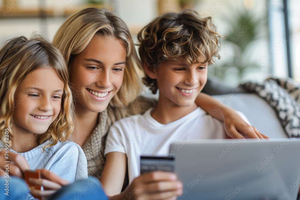 Group of Kids Sitting on Couch Using Tablet Group of Kids Sitting on Couch Using Tablet