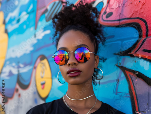 A young woman in sunglasses looks into the frame against a bright wall.