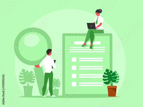 Business people studying list of company regulations, making checklist. Vector illustration
