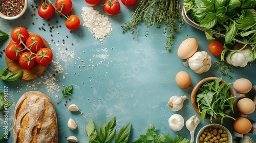 aesthetic top view studio photography of groceries over a clean table in bright blue. the groceries are suitable to make classic israeli food