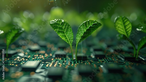 seedlings growing out of a circuit board computer chips