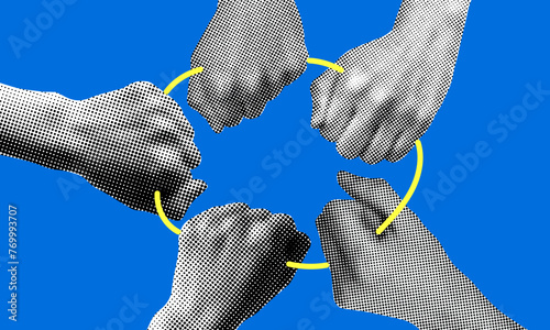 Teamwork concept. Modern collage. Retro halftone hands holding the rope together. Group of people putting together. Concept of community, partnership, unity. Top view. Newspaper cutout elements