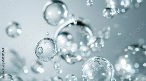 Macro beautiful transparent cosmetic white gas bubbles water. AI generated image