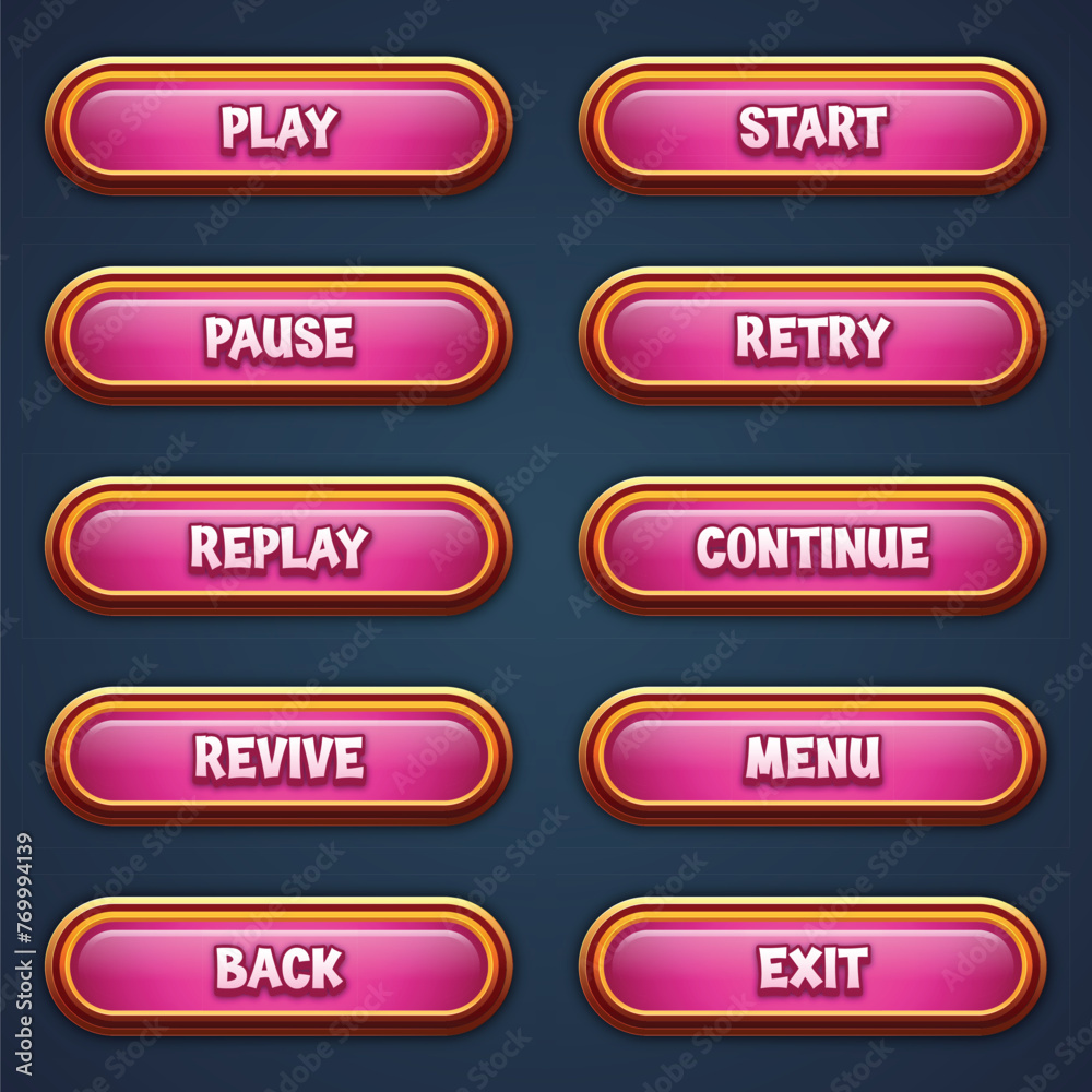 Set of pink game buttons for mobile games with editable text effect gui to build 2d games Set of pink game buttons for mobile games with editable text effect gui to build 2d games