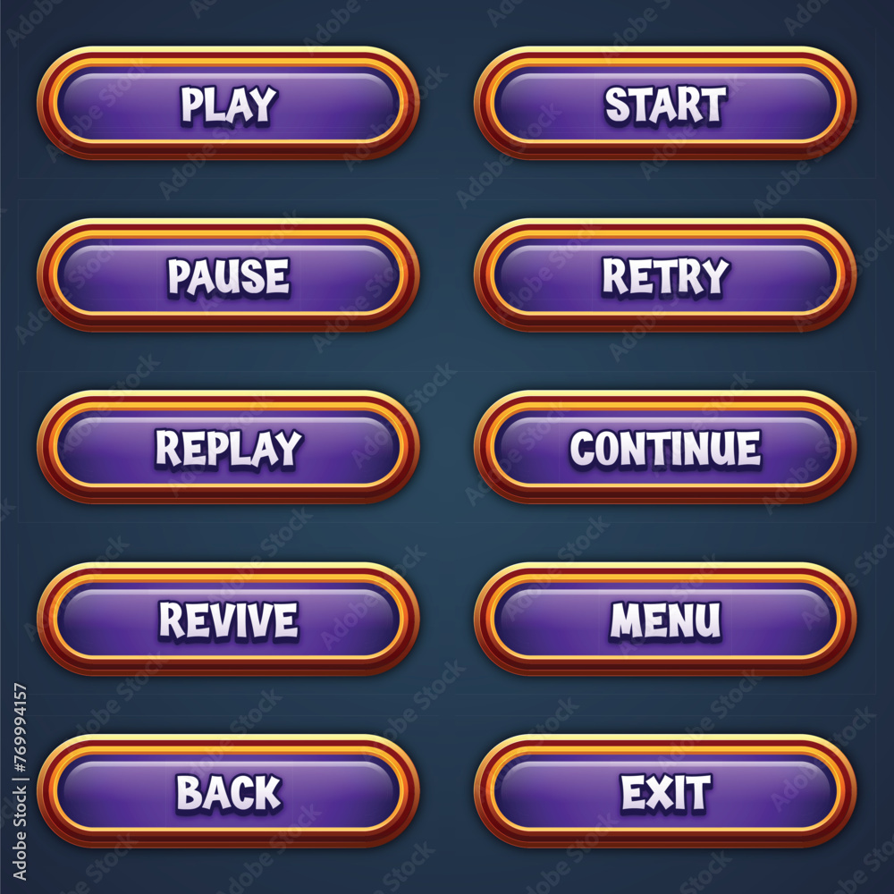 Set of purple game buttons for mobile games with editable text effect gui to build 2d games Set of purple game buttons for mobile games with editable text effect gui to build 2d games