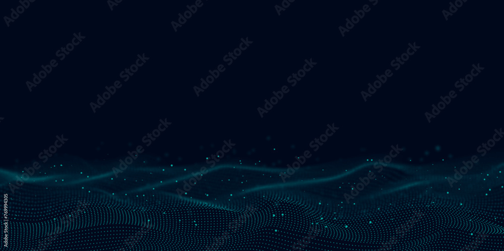 Abstract Futuristic background of glowing particles in motion. Technology background design with waves. Abstract background design. Illustration. Vector design.