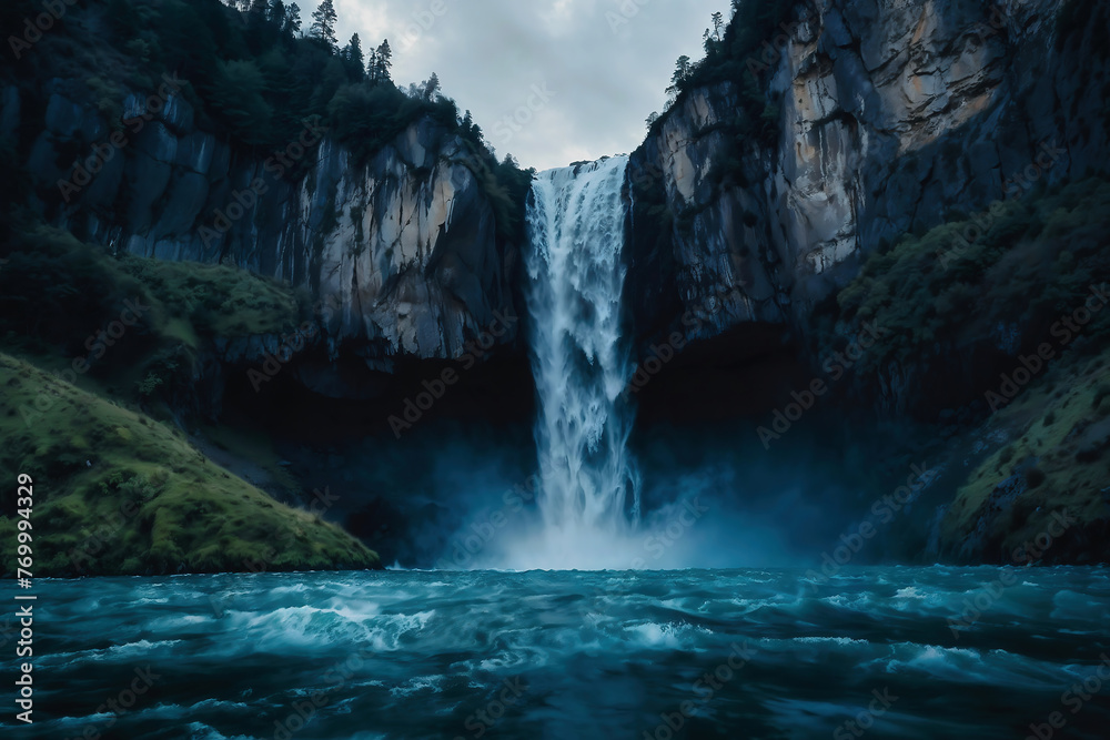 Waterfall Surrounded by Body of Water. Generative AI Waterfall Surrounded by Body of Water. Generative AI