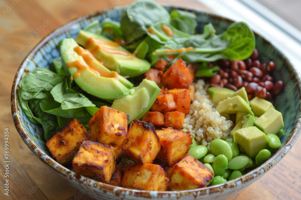 A bowl of food with a variety of ingredients including avocado, tofu, and vegetables. The bowl is on a wooden table A bowl of food with a variety of ingredients including avocado, tofu, and vegetables. The bowl is on a wooden table
