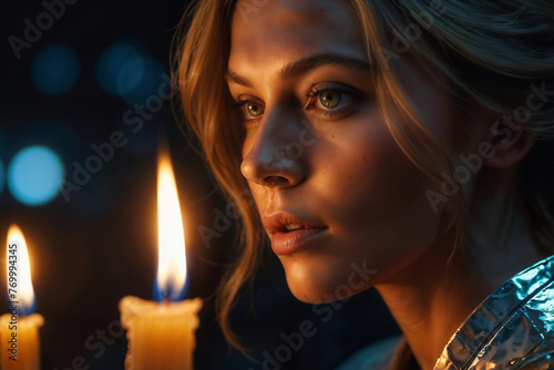 Woman Standing in Front of Lit Candle. Generative AI