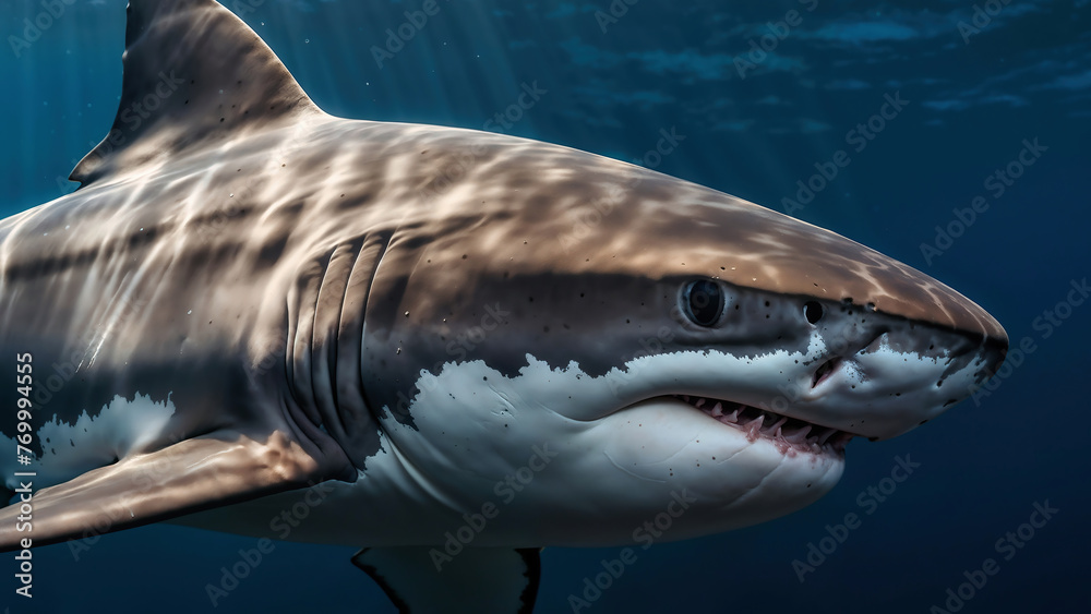 Naklejka premium Great White Shark Swimming in the Ocean. Generative AI