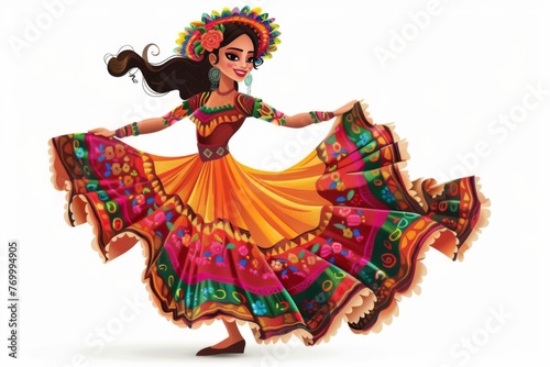 A young Mexican woman in a detailed embroidered dress twirling happily during a carnival event. Illustration On a clear white background --ar 3:2 Job ID: 0b9db603-b7bd-492f-a59b-a4b24487c4a8