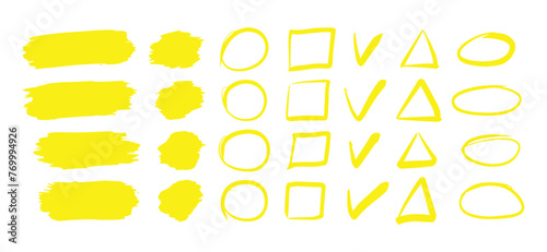 Yellow highlighter elements. Underline element, color text mark. Markers brushes underline neoteric vector set © Idressart
