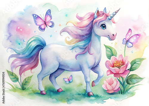 Watercolor illustration of a charming unicorn surrounded by flowers and butterflies