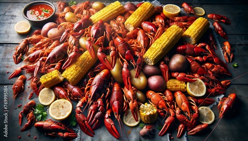 A professional photograph of a Louisiana Crawfish Boil, capturing the festive and communal spirit of the event with a spread of boiled crawfish, corn and potatoes. photo