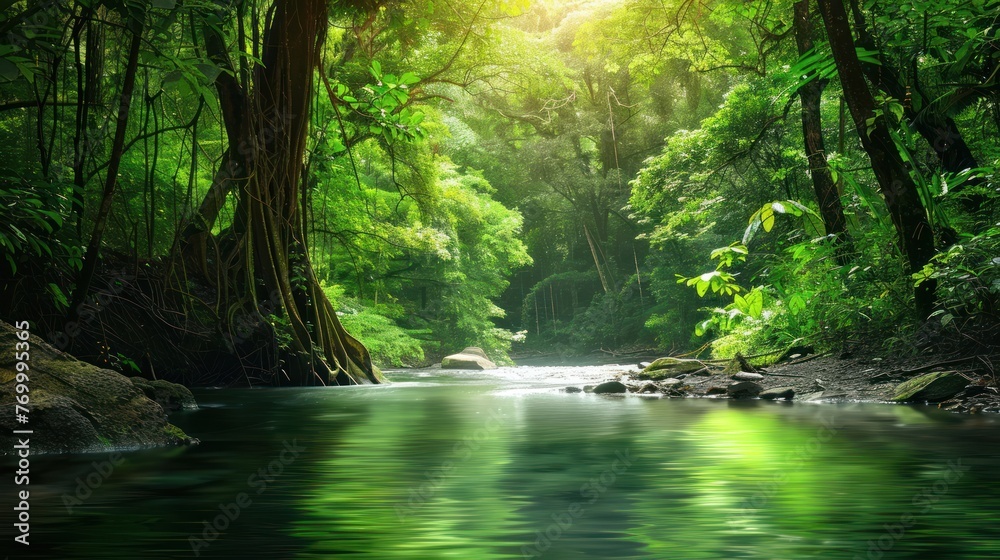 Obraz premium Forest with river nature landscape view. AI generated image