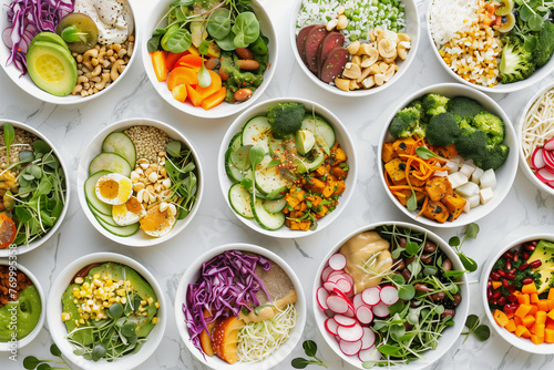 A row of bowls filled with various types of salads and vegetables. The bowls are arranged in a row, with some bowls containing more vegetables than others. Scene is healthy and nutritious