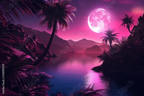 Tropical landscape with palm trees and sea at full moon night, Ai Generated © Mediapro