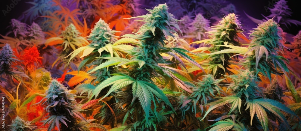 A cluster of marijuana plants prominently displayed against a vibrant multicolored backdrop, showcasing their lush green leaves and distinctive shape. The contrast between the plants and the A cluster of marijuana plants prominently displayed against a vibrant multicolored backdrop, showcasing their lush green leaves and distinctive shape. The contrast between the plants and the