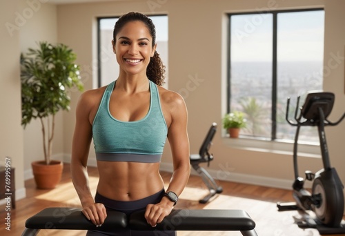 A fit woman engages in an exercise routine at home  keeping healthy with gym equipment.