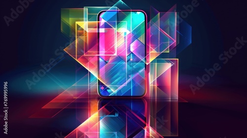 Abstract smartphone with holographic style background. AI generated image