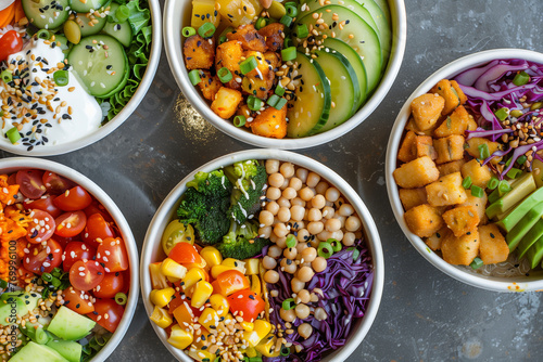 A row of bowls filled with various types of food, including salads and vegetables. The bowls are arranged in a way that creates a sense of abundance and variety photo