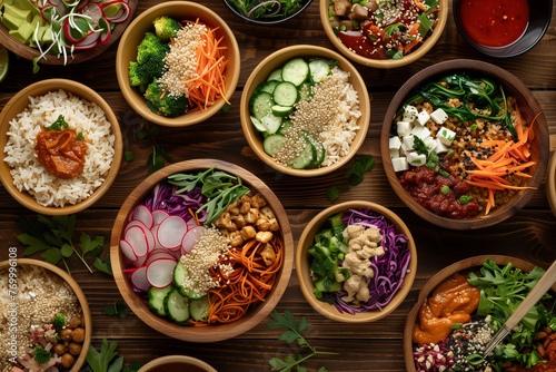 A row of bowls filled with various types of food, including salads and vegetables. The bowls are arranged in a way that creates a sense of abundance and variety © lashkhidzetim