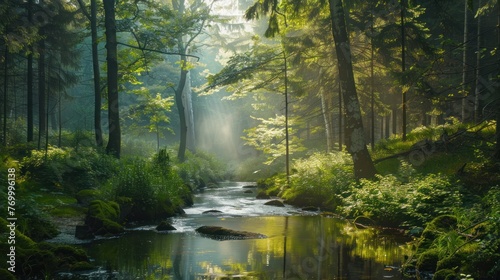 Forest with river nature landscape view. AI generated image