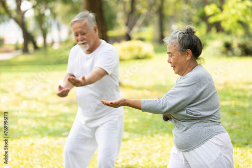 asian senior couple workout and practice tai chi in the park © offsuperphoto