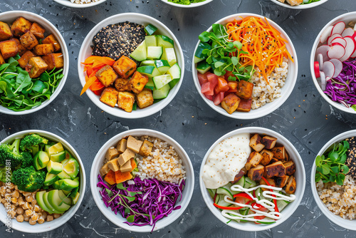 A row of bowls filled with various types of food, including salads and vegetables. The bowls are arranged in a way that creates a sense of abundance and variety