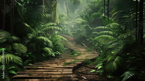 Beautiful rainforest with wooden and leaves landscape. AI generated image