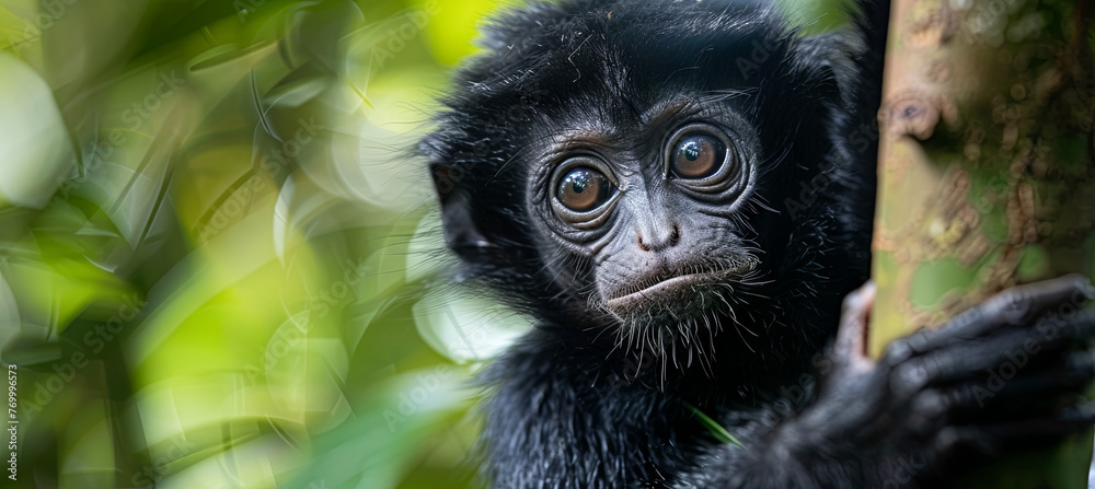 Obraz premium Siamang Hanging from a tree, green boke background 