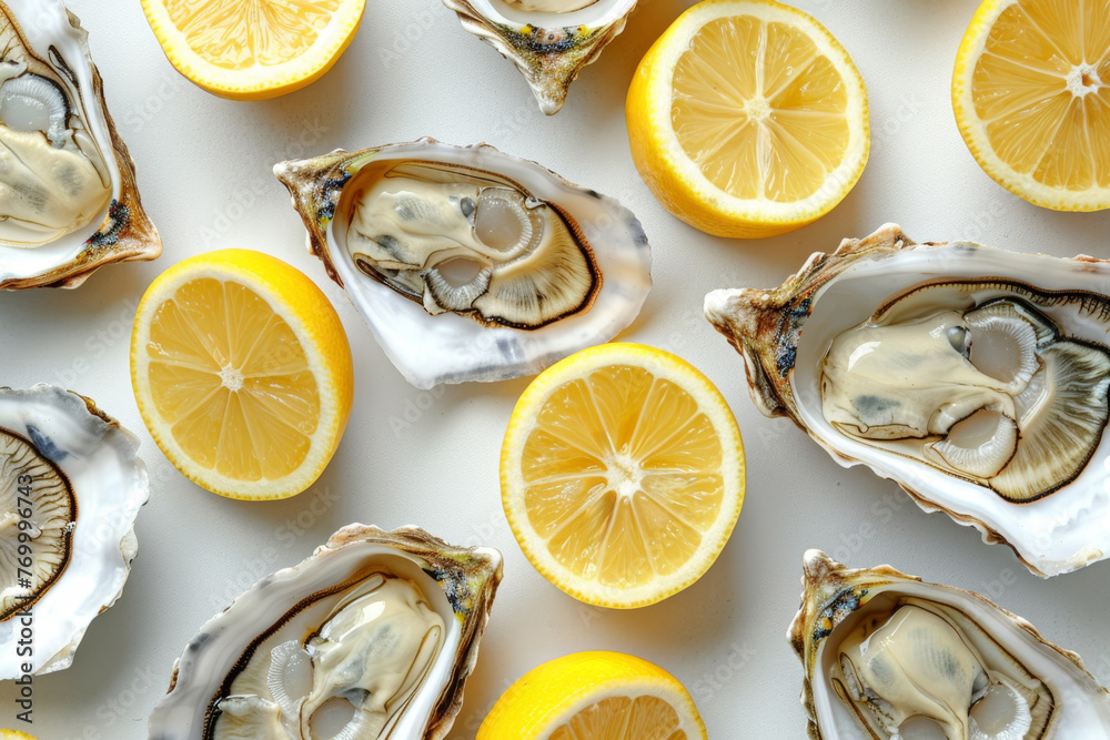 oysters with lemon top view oysters with lemon top view