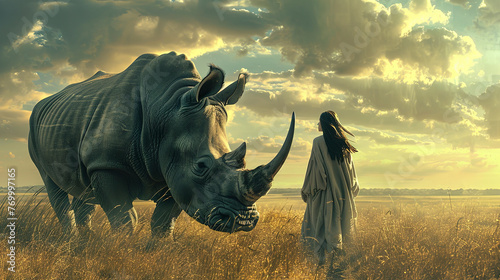 Fantastic situation woman with huge rhinoceros in the savanna, sunset background	