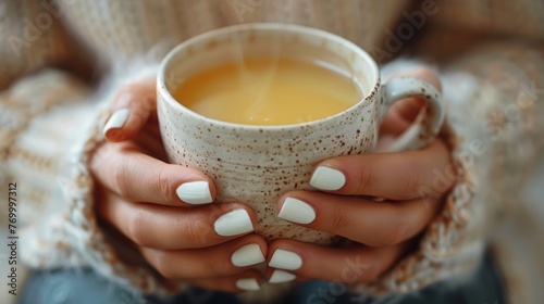 A woman holding a mug with white spots on her fingernails (Leukonychia), likely the result of calcium deficiency or stress. photo