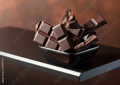 Broken dark chocolate bar in small black dish. © Igor Normann