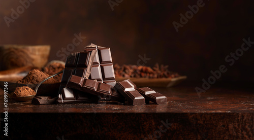 Broken dark chocolate bar and cocoa powder on a brown table. © Igor Normann