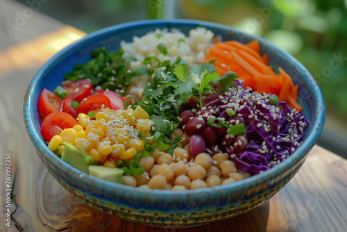 A colorful bowl of food with a variety of vegetables and beans.