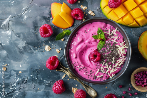 A bowl of pink smoothie with raspberries and a spoon