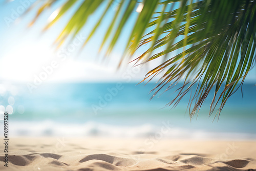 Tropical beach view through palm leaves with golden sand  serene blue ocean  and bright sunlight