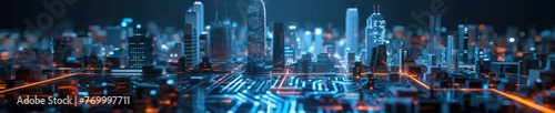 A conceptual visualization of a smart city with glowing structures on a digital circuit board, symbolizing urban technology integration concept. AIG41 photo